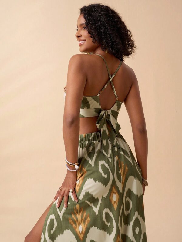 Tropical Print Tie Backless Cami Top & Split Thigh Skirt Two Piece Set - Image 2