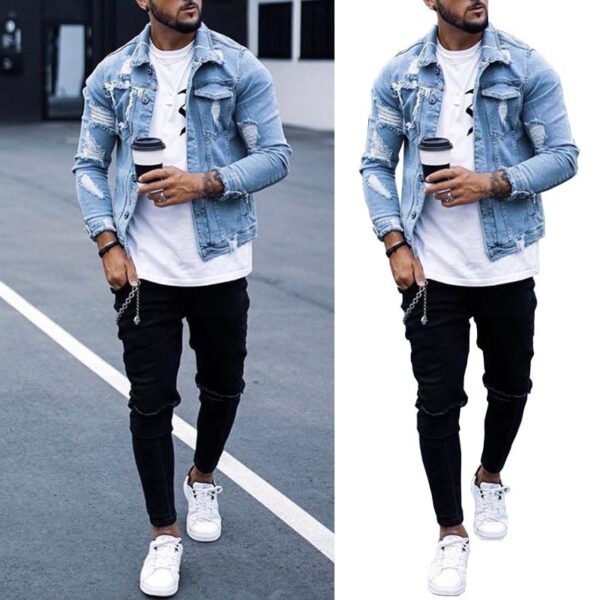 Lapel Men's Denim Jacket Ripped Irregular Washed Jacket - Image 3