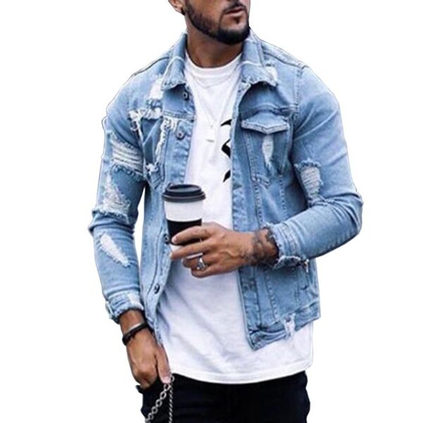 Lapel Men's Denim Jacket Ripped Irregular Washed Jacket - Image 4