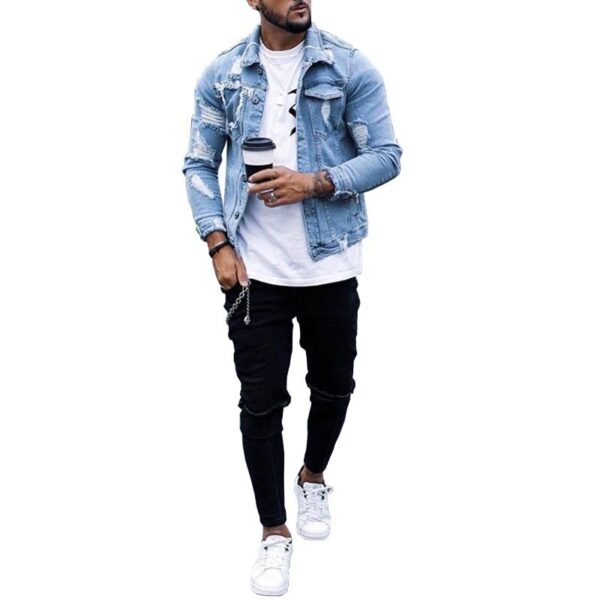 Lapel Men's Denim Jacket Ripped Irregular Washed Jacket - Image 5
