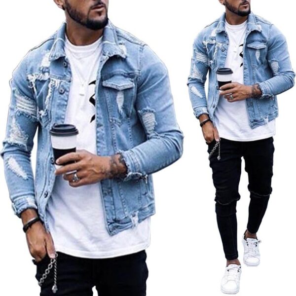 Lapel Men's Denim Jacket Ripped Irregular Washed Jacket - Image 2