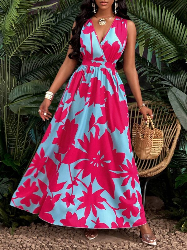 Print Deep V Neckline Cinched Waist Fit And Flare Dress Maxi Women Outfit - Image 5
