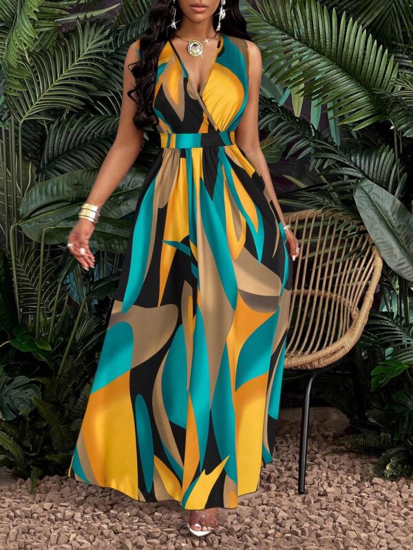 Print Deep V Neckline Cinched Waist Fit And Flare Dress Maxi Women Outfit - Image 4