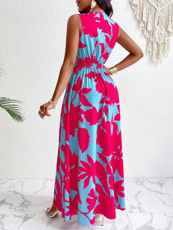 Print Deep V Neckline Cinched Waist Fit And Flare Dress Maxi Women Outfit - Image 3