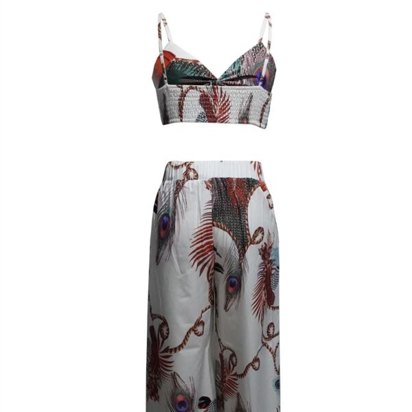Women's Feather Printed Black Vacation Sexy Strap Pants Set - Image 3