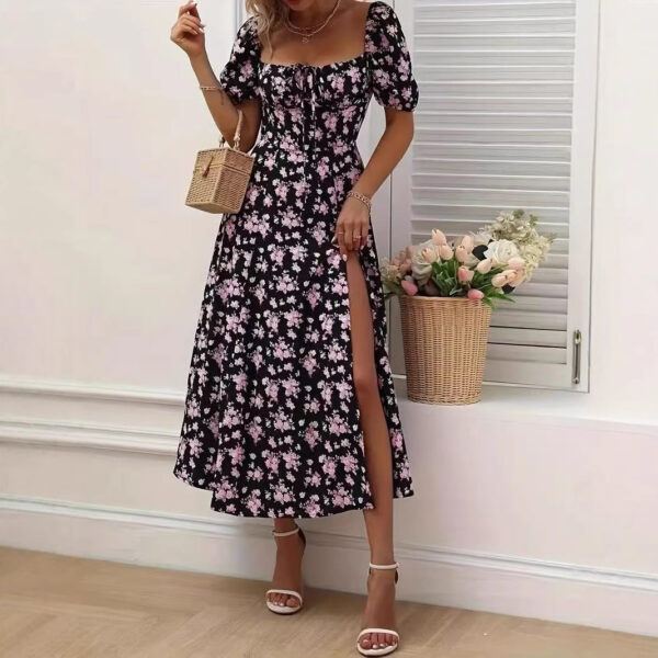 Floral Print Short Sleeve Split Dress Summer Fashion Lace-up Beach Long Dresses Women's Clothing - Image 2