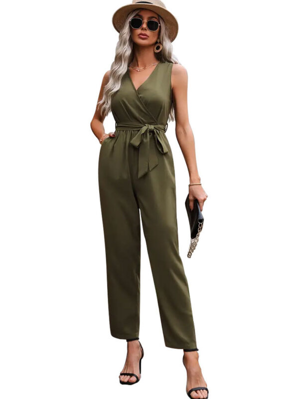 Elegant Commuter Sleeveless Cross Collar Waistline Lace-up Jumpsuit - Image 2