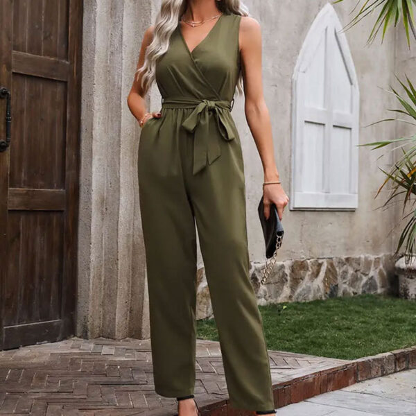 Elegant Commuter Sleeveless Cross Collar Waistline Lace-up Jumpsuit - Image 3