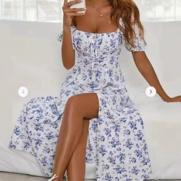 Floral Print Short Sleeve Split Dress Summer Fashion Lace-up Beach Long Dresses Women's Clothing - Image 3