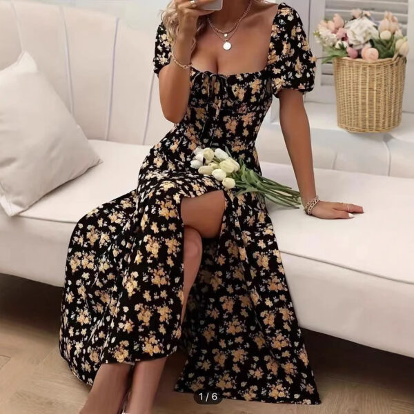 Floral Print Short Sleeve Split Dress Summer Fashion Lace-up Beach Long Dresses Women's Clothing - Image 4