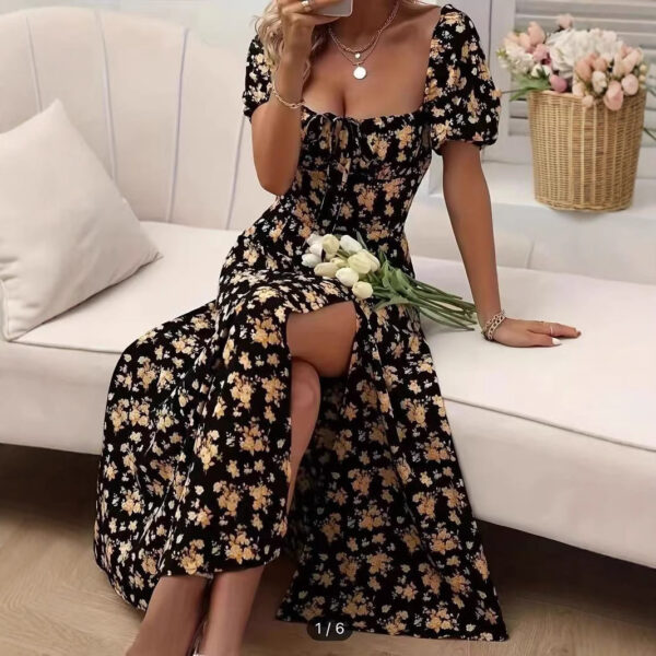 Floral Print Short Sleeve Split Dress Summer Fashion Lace-up Beach Long Dresses Women's Clothing - Image 7