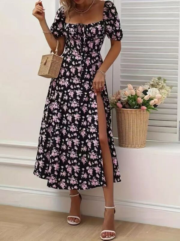 Floral Print Short Sleeve Split Dress Summer Fashion Lace-up Beach Long Dresses Women's Clothing - Image 5
