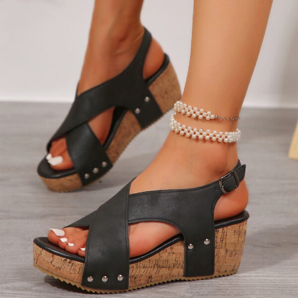 Women's Rivet Wedges Snadals Thick Bottom Fish Mouth Shoes Summer - Image 3