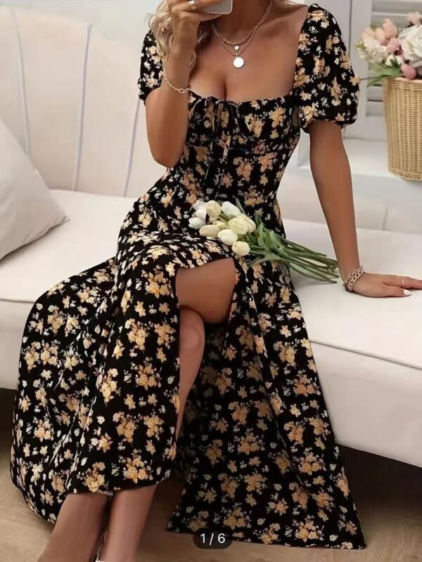 Floral Print Short Sleeve Split Dress Summer Fashion Lace-up Beach Long Dresses Women's Clothing - Image 6