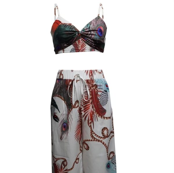 Women's Feather Printed Black Vacation Sexy Strap Pants Set - Image 2