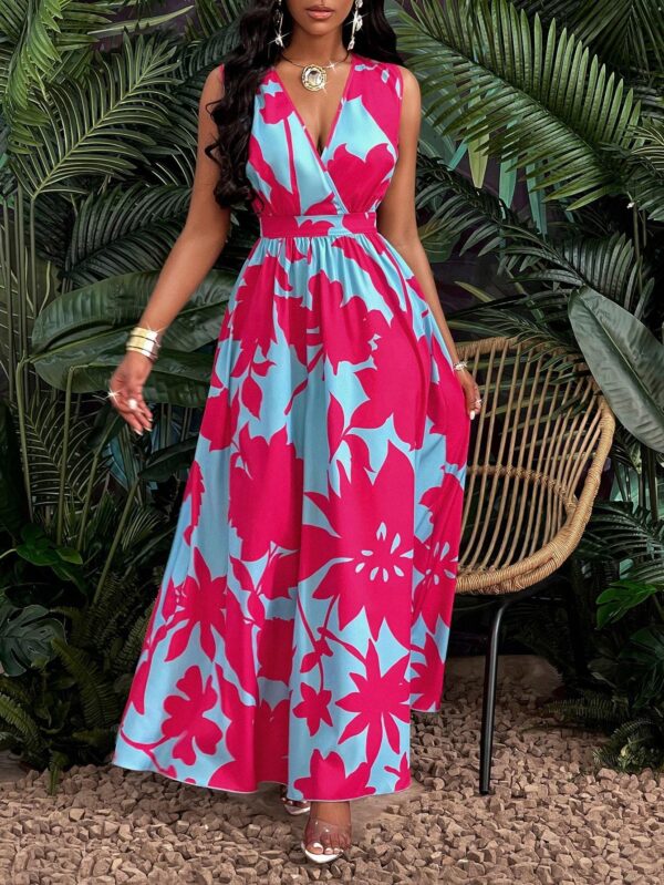 Print Deep V Neckline Cinched Waist Fit And Flare Dress Maxi Women Outfit - Image 2