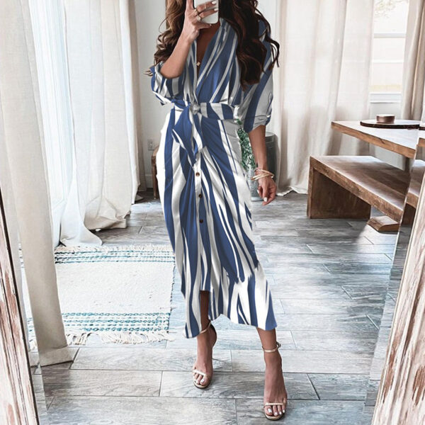 European And American Print Long-Sleeved Lace-Up Single-Breasted Shirt Dress - Image 9
