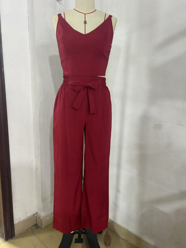 Women's Solid Color Slim Elastic Pleated Two-Piece Suit Sexy Spaghetti Strap V-neck Backless Vest High Waist Wide Leg Pants Suit - Image 10