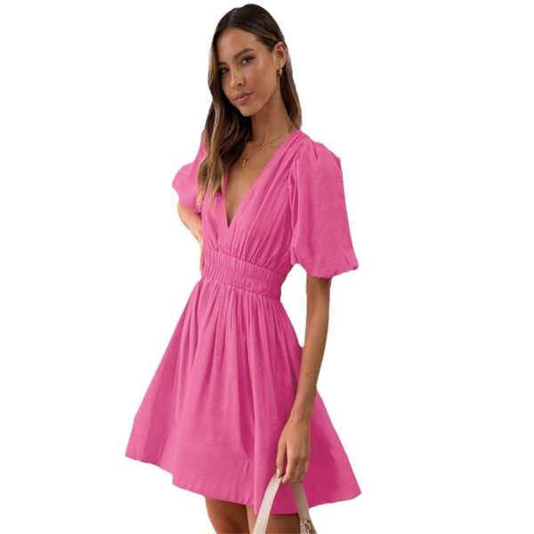 European And American Elegant Dress Sweet Waist Trimming Dress V-Neck Lantern Sleeve Dress Women's Summer Sun Dresses Evening Dress - Image 5